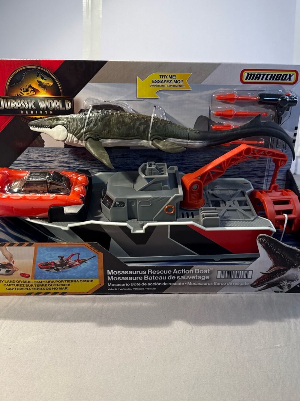 Matchbox Jurassic World Mosasaurus Rescue Boat - Gray & Orange